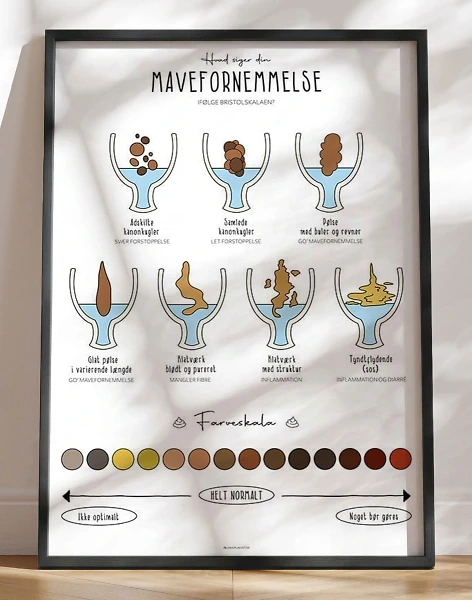 Toiletplakat med pøllefarver og -konsistenser - Hvad siger din mavefornemmelse?