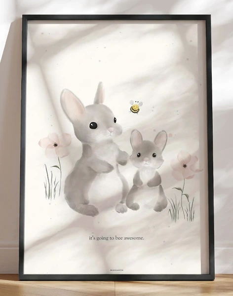 Børneplakat med akvareltegning af kaniner