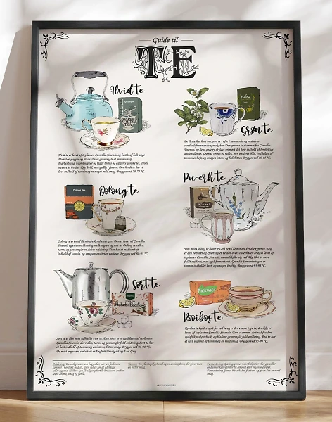 Guide til te - hyggelig, håndtegnet teplakat med tetyper du skal kende