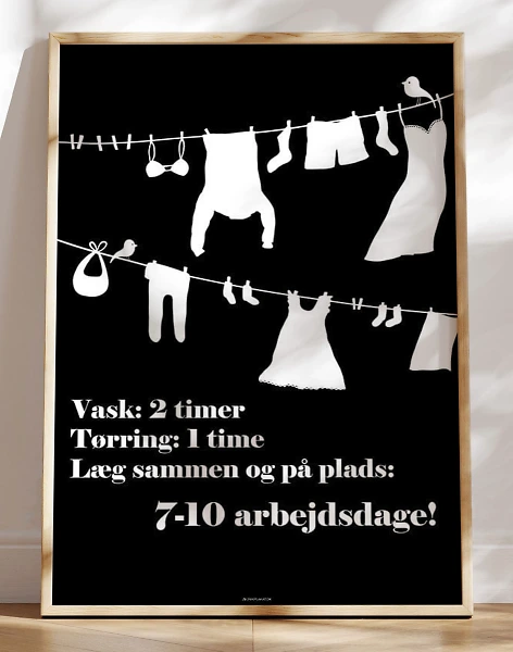 Sort vaskeplakat med vasketøj