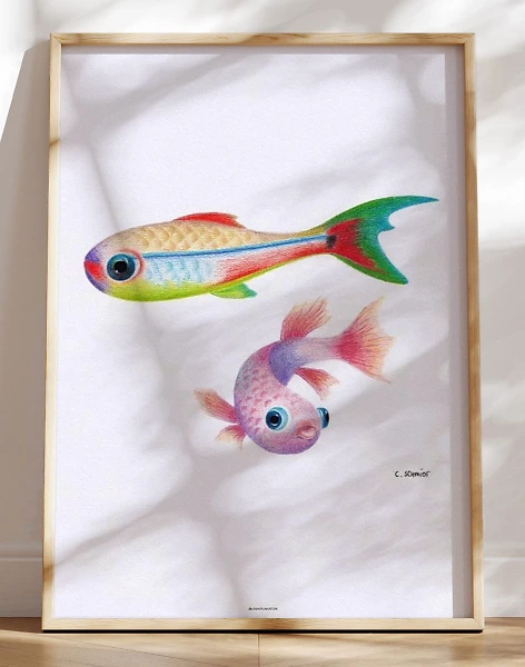 Plakat med to håndtegnede og farverige fisk