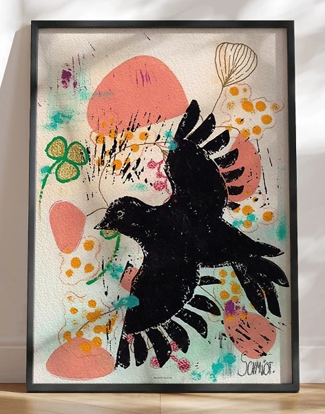 Kunstplakat med trekløver og fugl - akryl