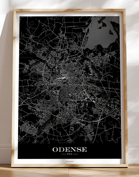 Plakat med bykort Odense - sort baggrund