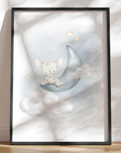 Børneplakat - lille mus på blå måne