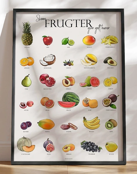 Køkkenplakat med frugter - 30 håndtegnede frugter i dejlige farver