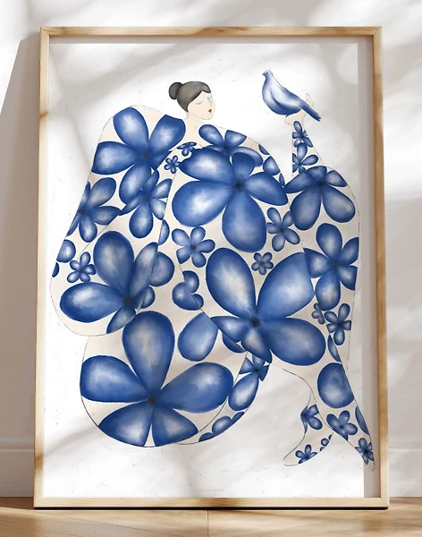 Blå plakat - Blåblomstret dame med due