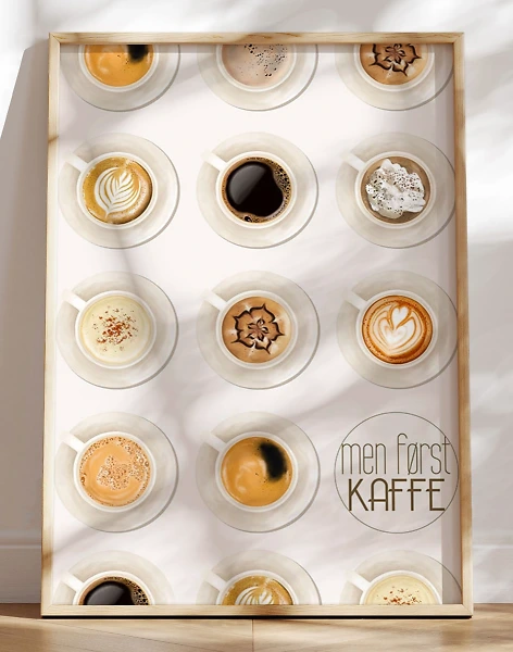 Kaffeplakat - plakat med kaffetyper og kaffekopper