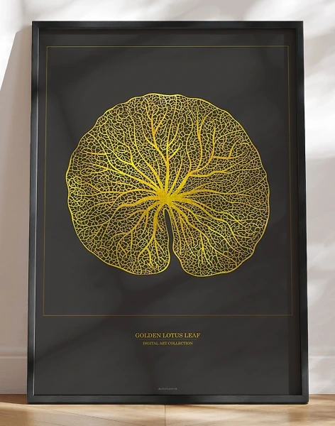 Kunstplakat med grafisk guldeffekt - Golden Lotus Leaf