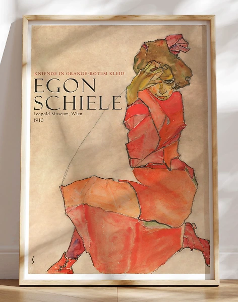 Egon Schiele - Kneeling female in orange red dress
