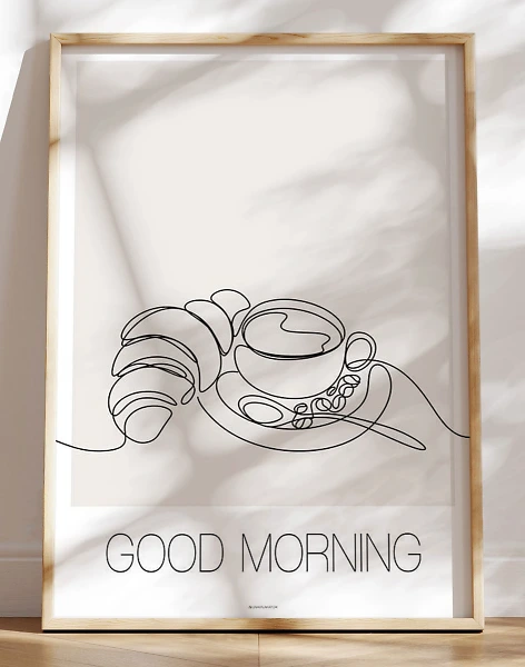 Line art plakat med kaffe og croissant - Good morning