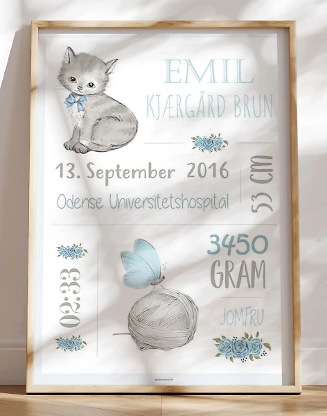 Dåbstavle med kat - Personlig fødselsplakat til den lille dreng