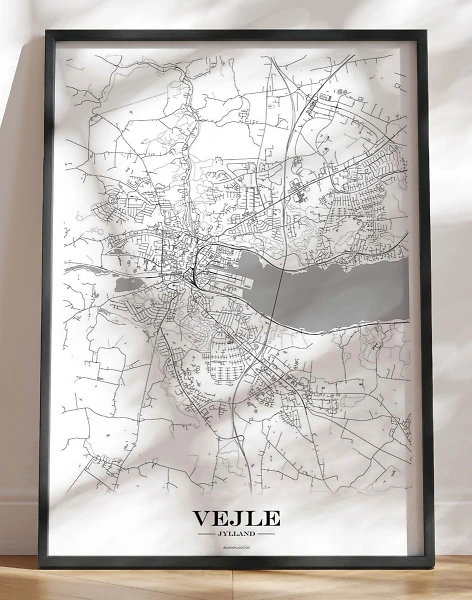 Kort plakat med bykort over Vejle - hvid baggrund