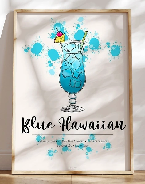 Plakat med Blue Hawaiian drink opskrift