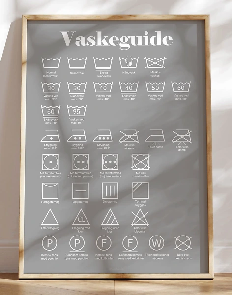 Grå vaskeplakat med vaskeanvisning og symboler