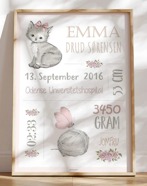 Dåbstavle med kat - Personlig fødselsplakat til den lille pige