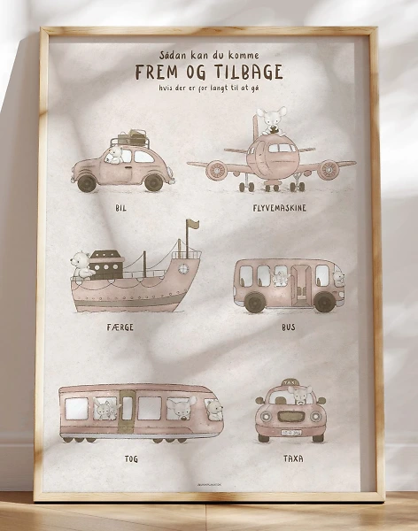 Sød børneplakat med transportmidler - lyserød