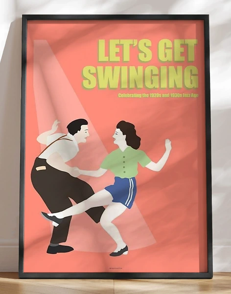 Let's get swinging - farverig plakat med jazzdans